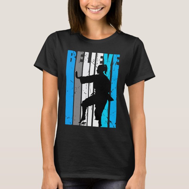 Blue Believe Motivational Girls Karate Retro Graph T-Shirt (Front)