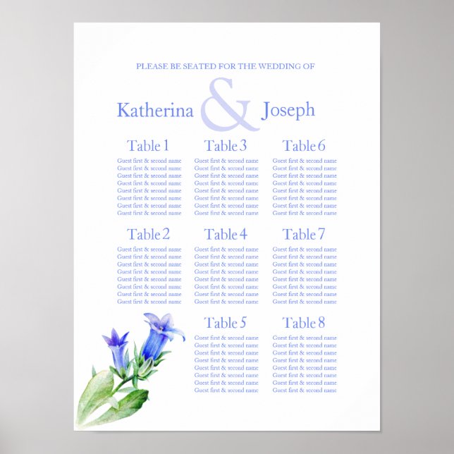 Blue bell flower wedding seating 8 table planner poster (Front)