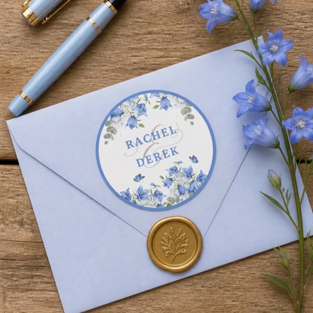 Blue Bellflower Wedding Classic Round Sticker (Creator Uploaded)