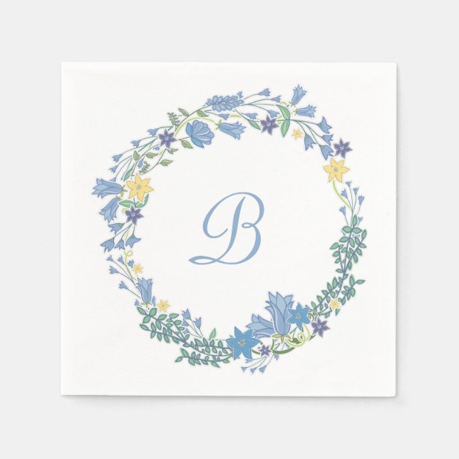 Blue Bells Floral Wreath Wedding Paper Napkins (Front)