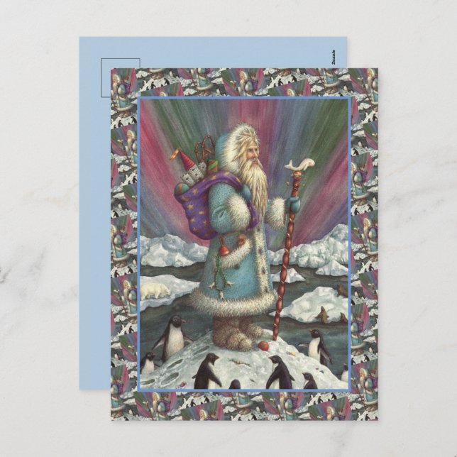 BLUE BELSNICKLE, NORTHERN LIGHTS & PENGUINS HOLIDAY POSTCARD (Front/Back)