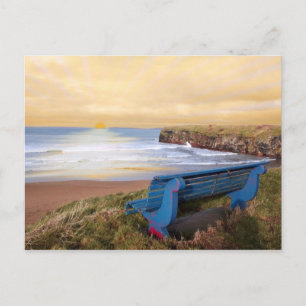 blue bench sunset view postcard