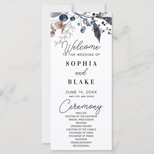 Blue Berries, Leaves and Greenery Wedding Program (Front)