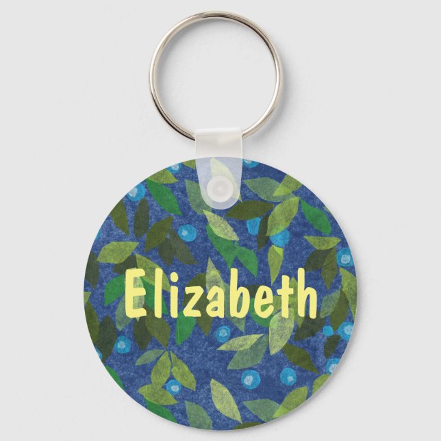 Blue Berries Minimal Floral Pattern Customised Tex Key Ring (Front)