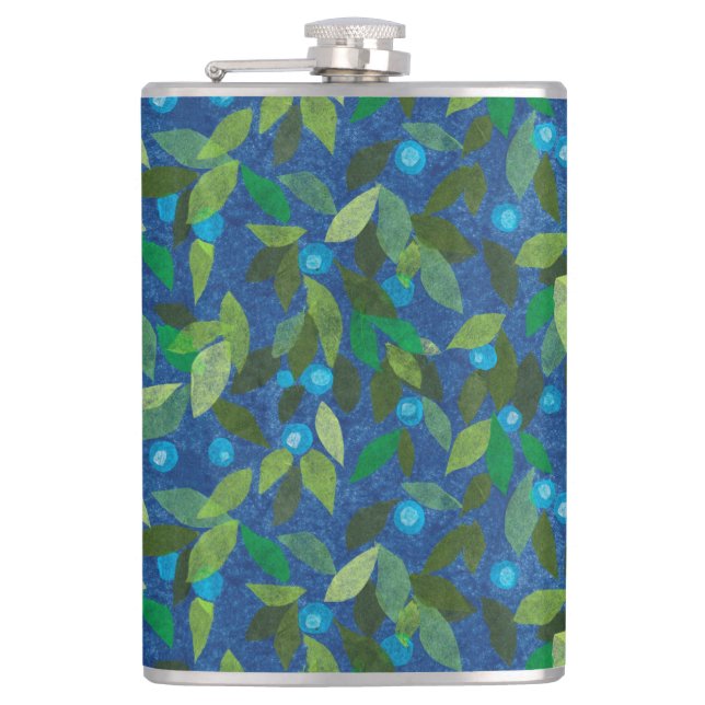Blue Berries Minimal Floral Pattern Paper Collage Hip Flask (Front)