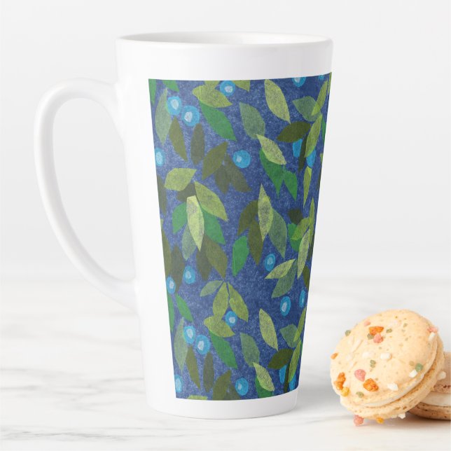 Blue Berries Minimal Floral Pattern Paper Collage Latte Mug (In Situ)