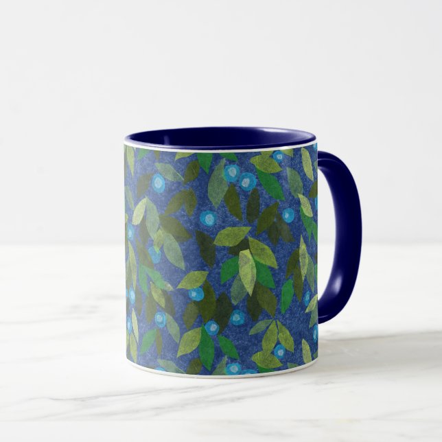 Blue Berries Minimal Floral Pattern Paper Collage Mug (Front Right)
