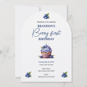 Blue Berry First Birthday Watercolor Custom photo Invitation