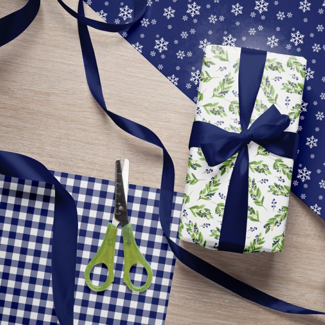 Blue Berry Twigs Snowflakes Holiday Patterns Wrapping Paper Sheet (Creator Uploaded)