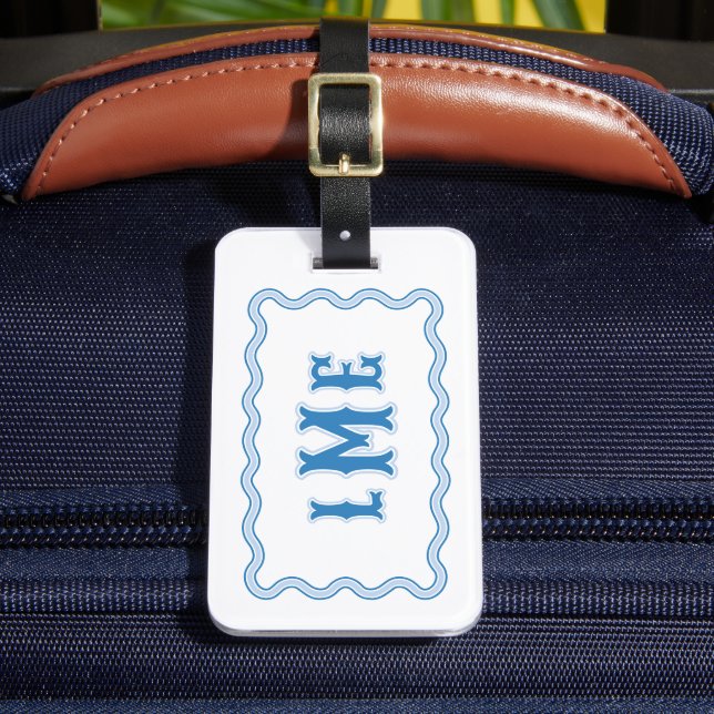 Blue Bespoke Scalloped Monogram Luggage Tag (Front Insitu 2)