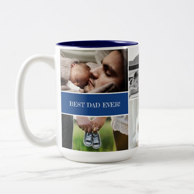 Blue Best Dad Ever Custom Photo Collage Daddy  Two-Tone Coffee Mug (Left)
