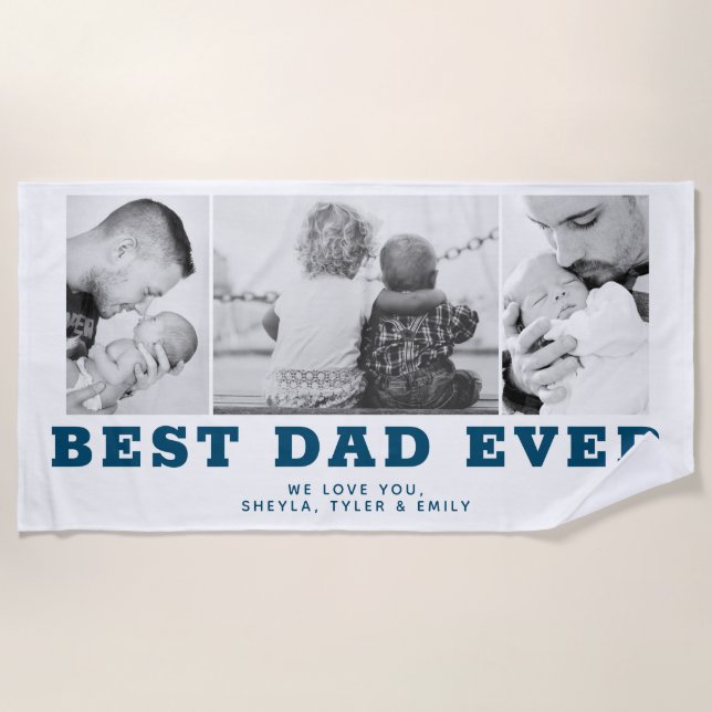 Blue Best Dad Ever Father`s Day 3 Photo Collage Beach Towel (Front)