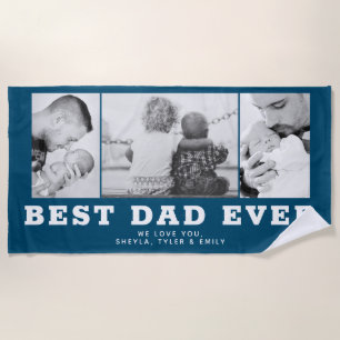 Blue Best Dad Ever Father`s Day 3 Photo Collage Beach Towel