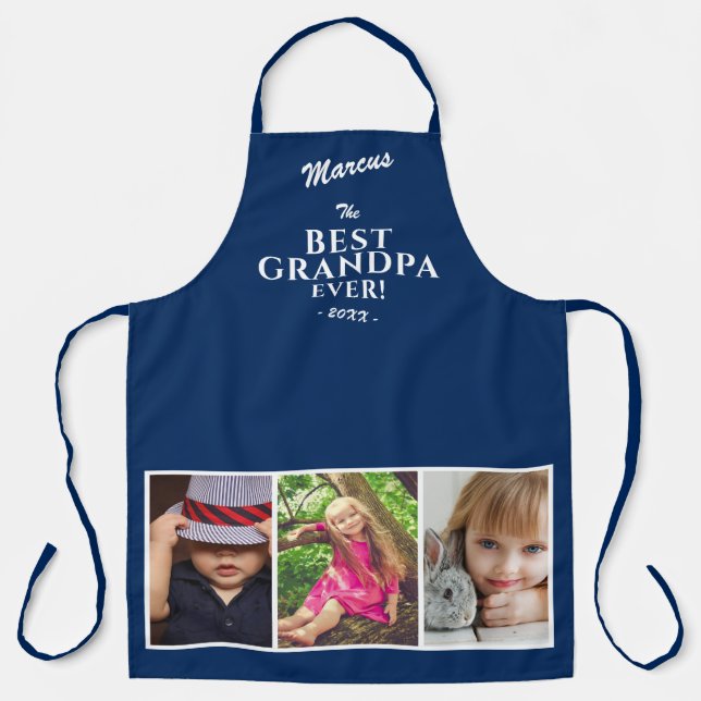 Blue Best Grandpa Ever Keepsake 3 Photo Collage Apron (Front)
