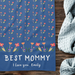 Blue Best Mum Flower Pattern Drawing Mother`s Day Tea Towel