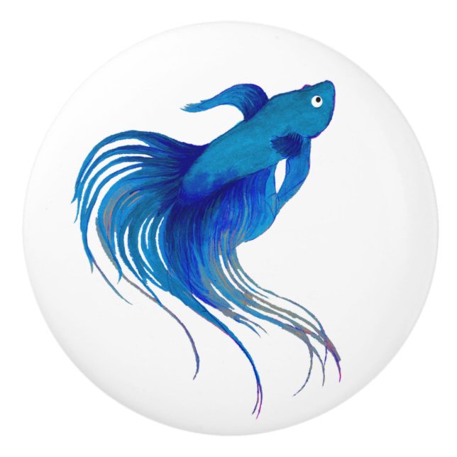 Blue Betta Fish Watercolor Ceramic Knob (Front)