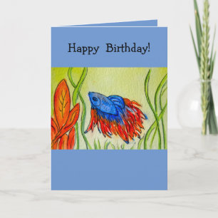 Blue Betta Fish Watercolor Painting Greeting Card