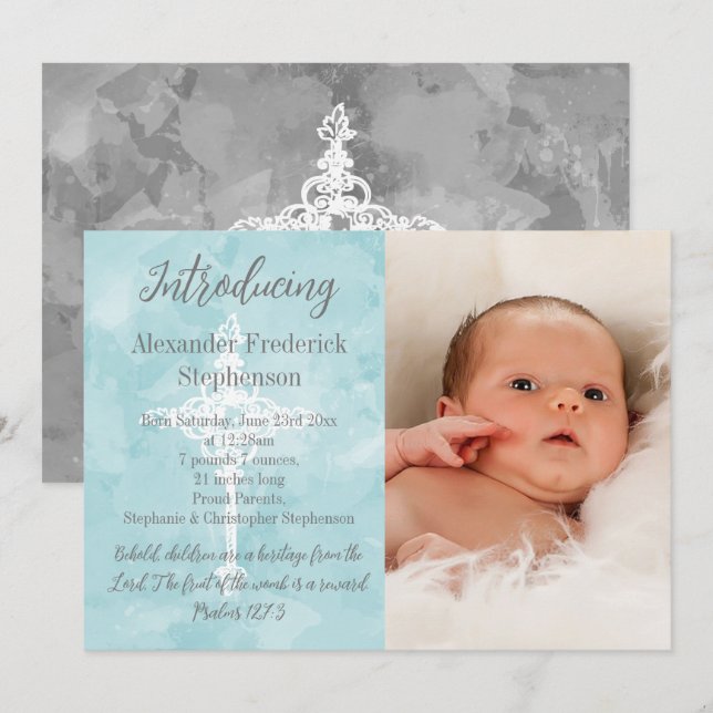 Blue Bible Verse Cross Baby Boy Photo Birth  Announcement (Front/Back)
