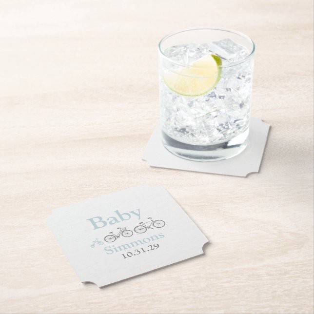 Blue Bicycle Baby Shower Paper Coaster (Insitu)