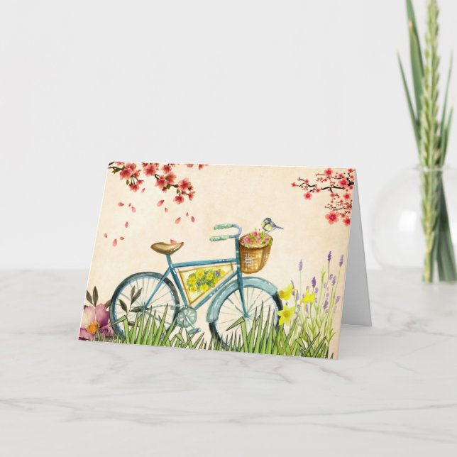 Blue Bicycle Basket Of Flowers & Yellow Bird Card (Front)