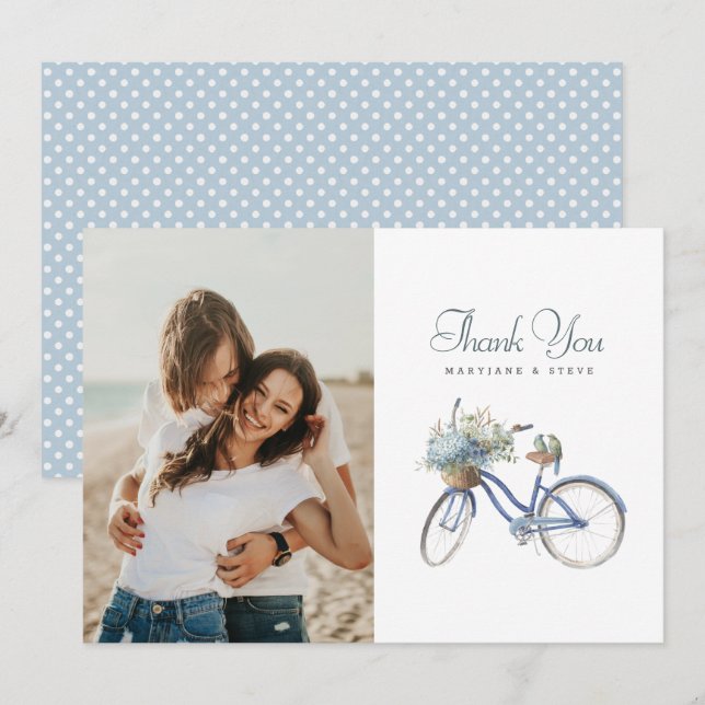 Blue Bicycle Bohemian Watercolor Wedding Photo Thank You Card (Front/Back)