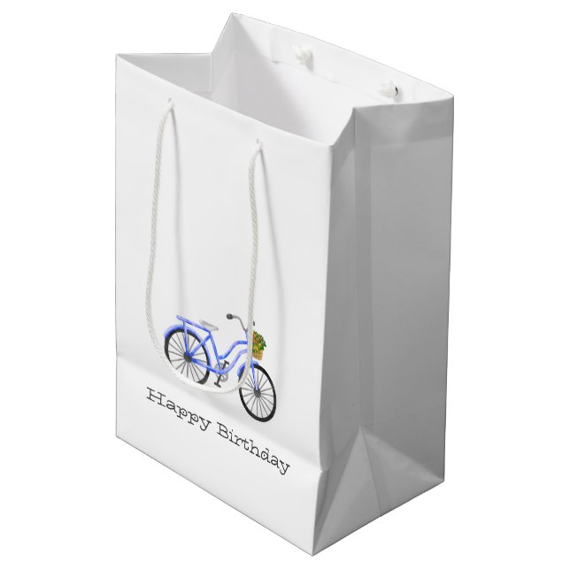 Blue Bicycle Happy Birthday Flower Basket Fun Medium Gift Bag (Front Angled)