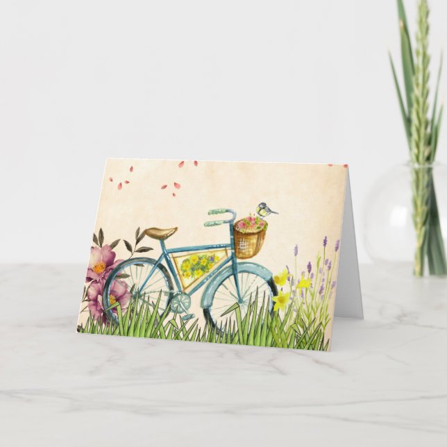 Blue Bicycle Pink Flowers & Yellow Bird Card (Front)