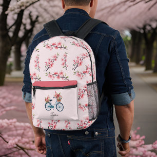Blue Bicycle Pink Sakura Cherry Blossoms Monogram Printed Backpack