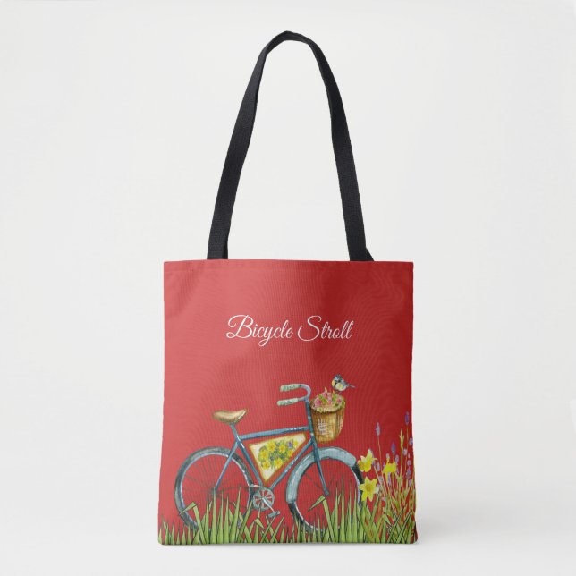 Blue Bicycle Red Tote Bag (Front)