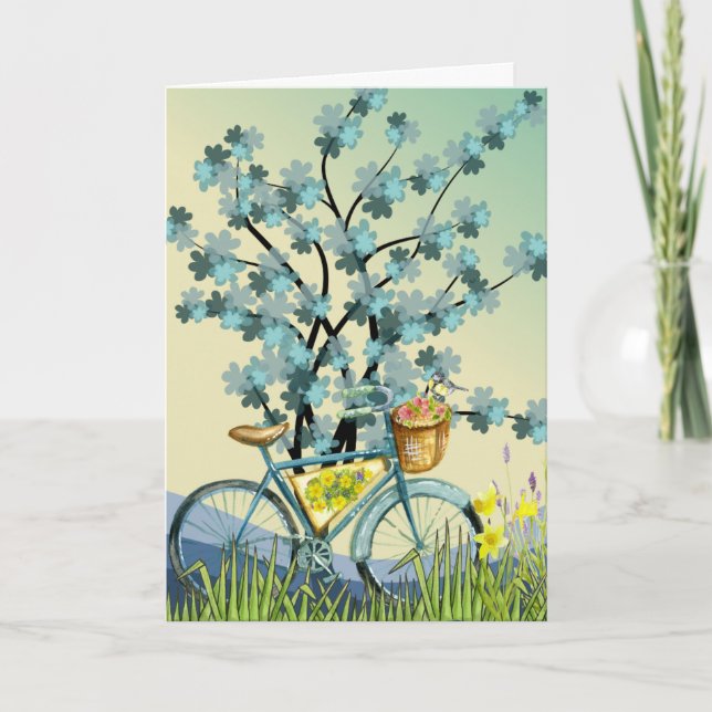 Blue Bicycle Yellow Bird Tree Card (Front)