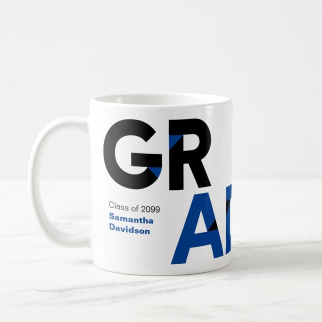 Blue Big Bold Angle-Cut Letters Graduation Coffee Mug (Left)