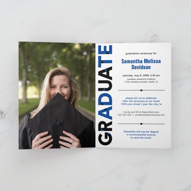 Blue Big Bold Angle-Cut Letters Graduation Invitation (Inside)