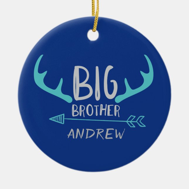 Blue Big Brother Antler Personalised Arrow Ceramic Tree Decoration (Front)
