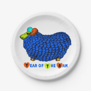 Blue Big Ram Chinese Astrology Zodiac Paper Plate