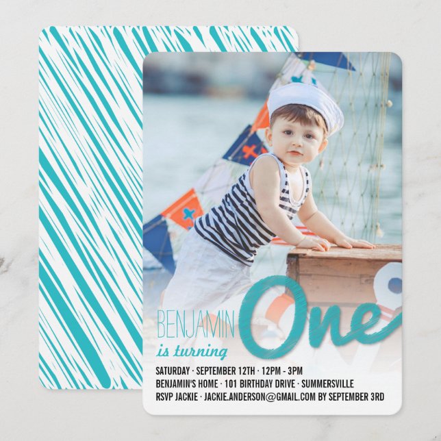 Blue Big Sketch One Baby Boy First Birthday Party Invitation (Front/Back)