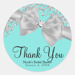 Blue Big White Bow Diamonds Bridal Shower Classic Round Sticker