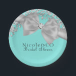 Blue Big White Bow Diamonds Glam Party Paper Plate<br><div class="desc">Customise with any text for any event.</div>