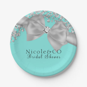Blue Big White Bow Diamonds Glam Party Paper Plate