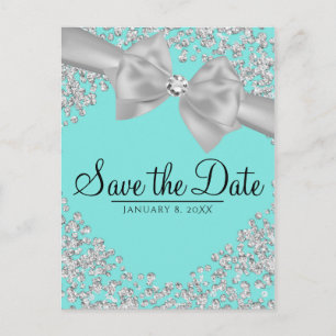Blue Big White Bow Diamonds Save the Date Announcement Postcard