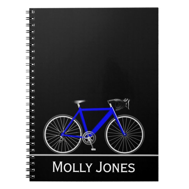 Blue Bike with Name on Black Notebook (Front)