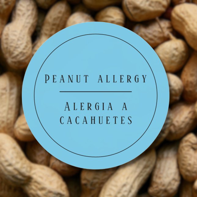 Blue Bilingual Peanut Allergy Alert Spanish Classic Round Sticker (Blue Bilingual Peanut Allergy Alert, custom text and name. Multilingual Project)