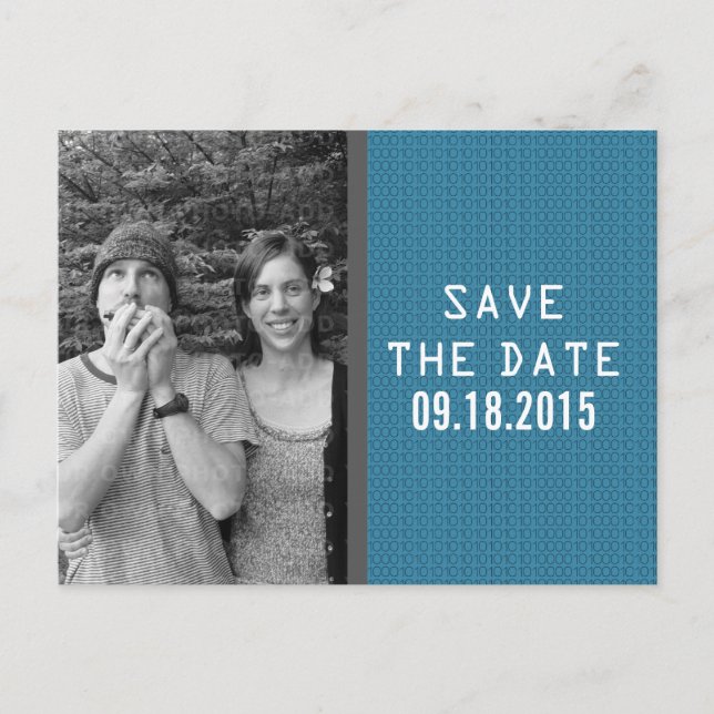 Blue Binary Code Photo Save the Date Postcard (Front)
