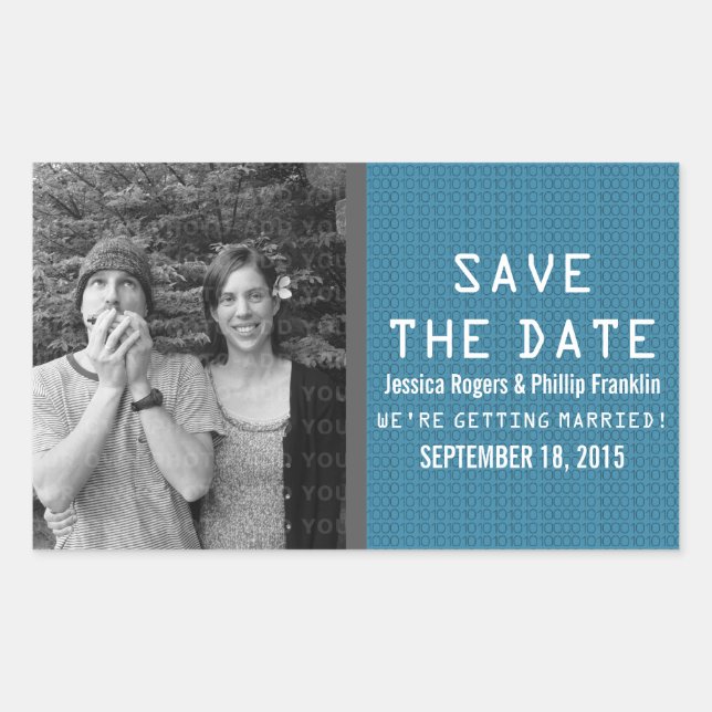 Blue Binary Code Photo Save the Date Stickers (Front)