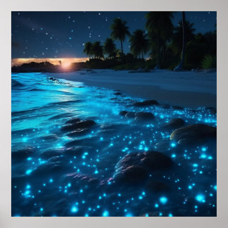 Blue Bioluminescent Beach & Palm Trees Poster