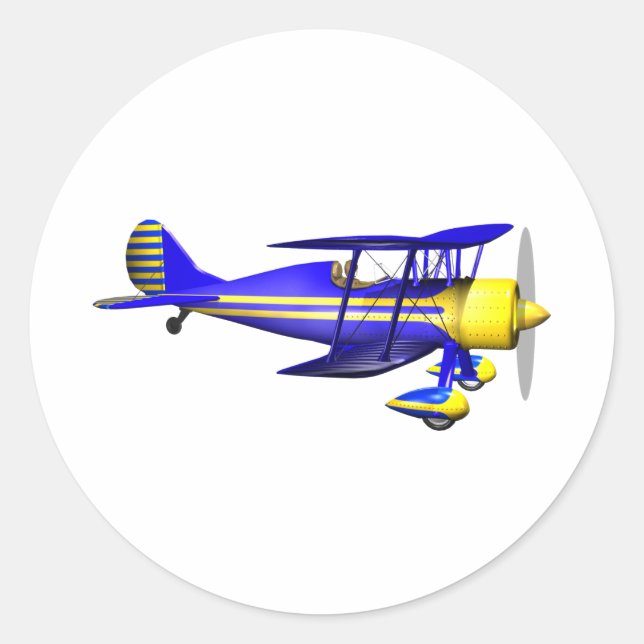 Blue Biplane Classic Round Sticker (Front)