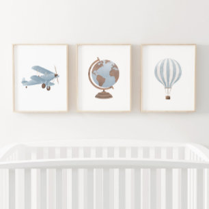 Blue Biplane Hot Air Balloon Travel Nursery Decor