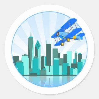 Blue Biplane Over New York Retro Design Classic Round Sticker