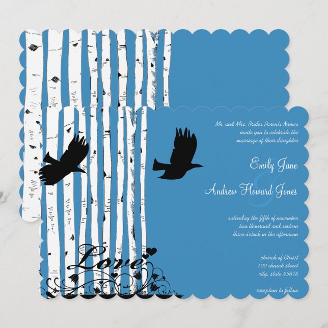 Blue Birch Love Bird Forest Wedding Invitations (Front/Back)