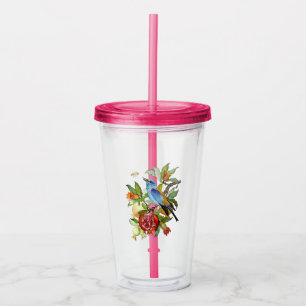 Blue Bird Among Pomegranates Watercolor Botanical Acrylic Tumbler