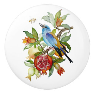 Blue Bird Among Pomegranates Watercolor Botanical Ceramic Knob